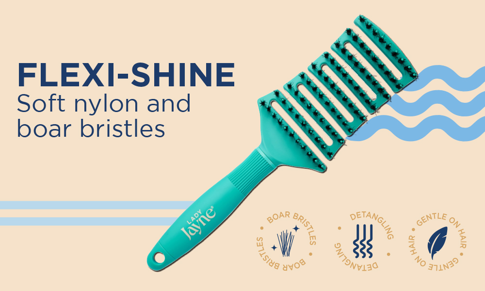 Flexi-Shine brush with a combination of nylon and boar bristles. Detangling bristles, hair shine and smooths hair.