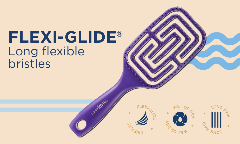 Flexi-Glide brush with long flexible bristles. Minimal hair breakage, suitable for wet and dry hair and detanging bristles